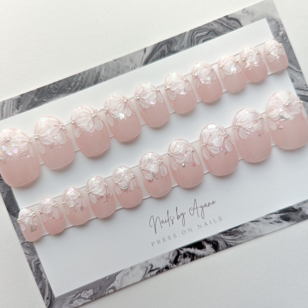 Soft Pink Flower French Press-On Nails | Handmade | Ready to Ship